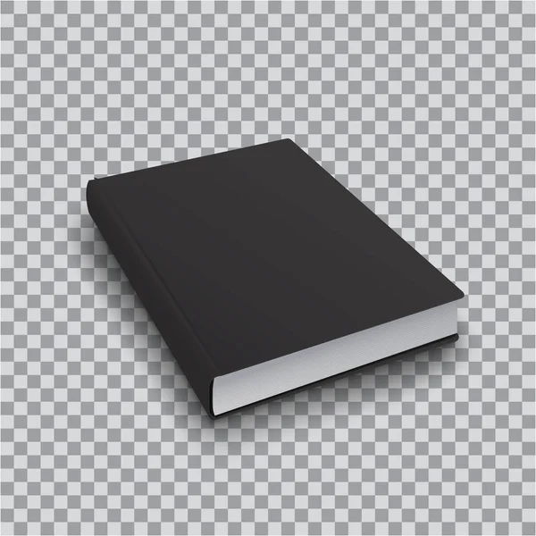 Plantilla de libro en blanco 3d con cubierta negra sobre fondo transparente, vista superior de perspectiva. Realista Mock Up de libros, Vector aislado — Vector de stock