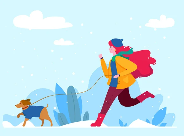 Bir kız köpeğiyle kış parkında yürüyor.. — Stok Vektör