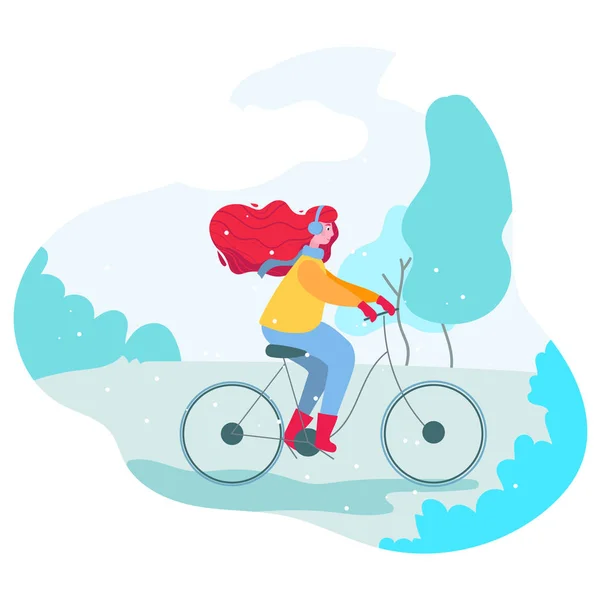 在冬季公园骑自行车的女孩 — 图库矢量图片