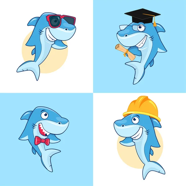 Roztomilý kreslený žralok v různých pózách. — Stockový vektor