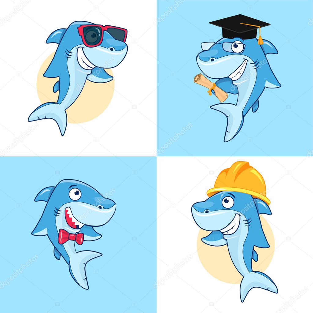 Cute cartoon shark in different poses.