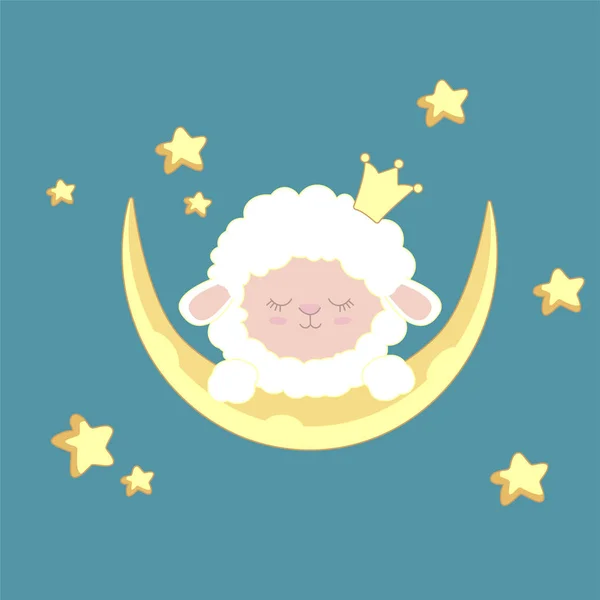 Schläfrige Schafe auf nächtlichem Hintergrund mit Mond, Sternen — Stockvektor