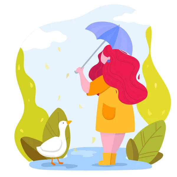 Ung kvinna promenader i parken med paraply — Stock vektor