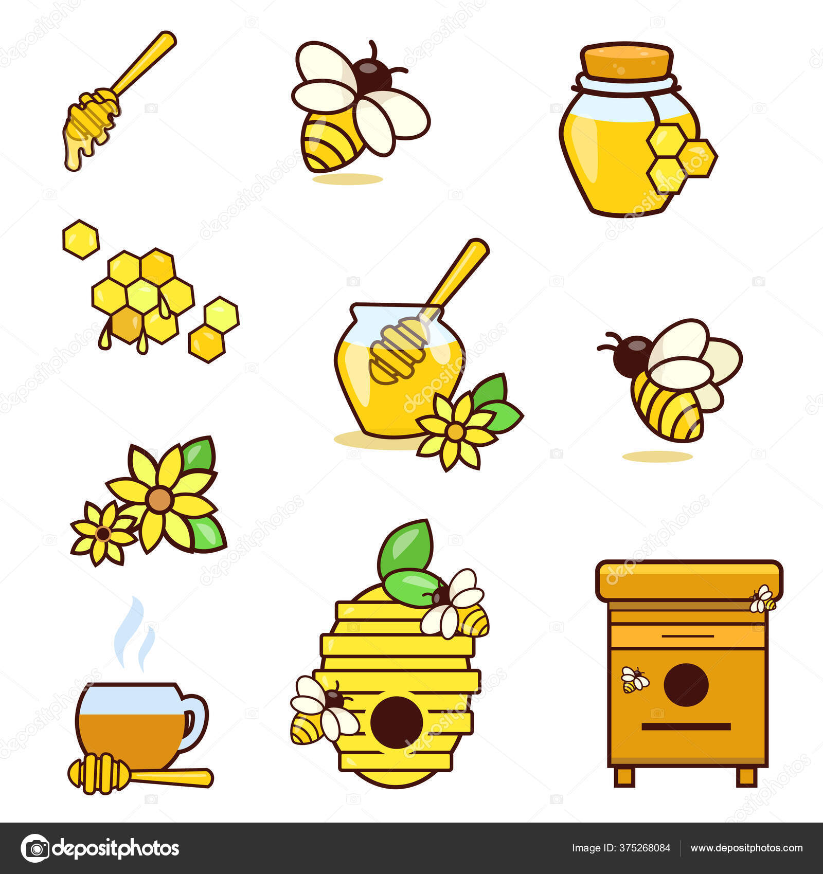 Мед И Пчеловодство Изолированные Иконы, Поставленные С Пчелами.
