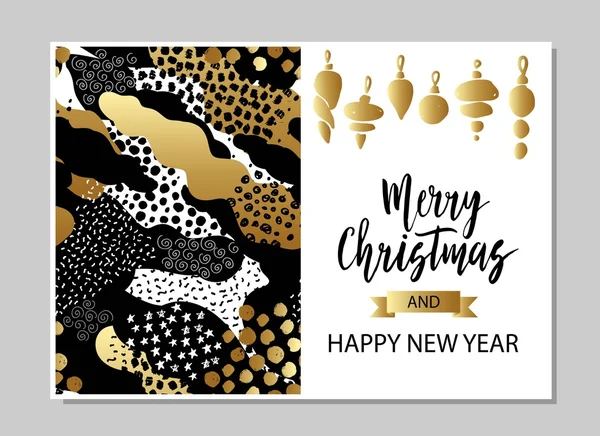 Merry Christmas and Happy New Year card template. Hand drawn textures, lettering. Golden metallic, black, white colors. Holiday greetings.