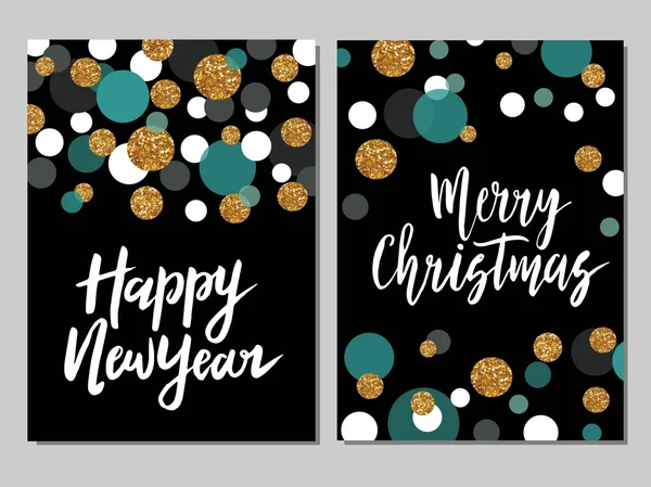 Buon Natale e felice anno nuovo modello di carta. Lettere disegnate a mano. Brillantini dorati puntini lucidi . — Vettoriale Stock