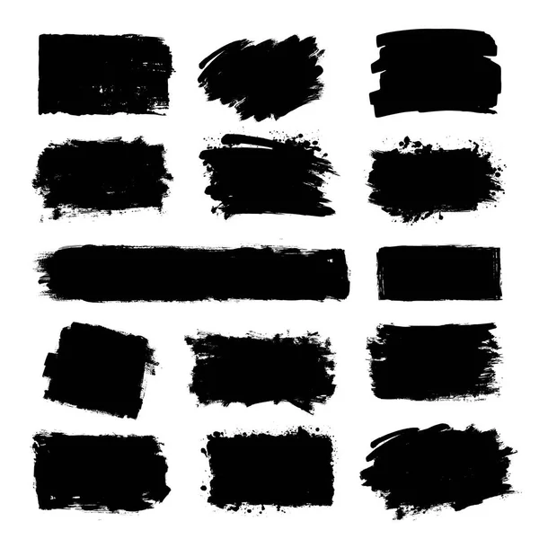 Conjunto de tinta preta, pinceladas de tinta, pincéis, linhas. Elementos de design artístico sujo, caixas, quadros para texto . —  Vetores de Stock