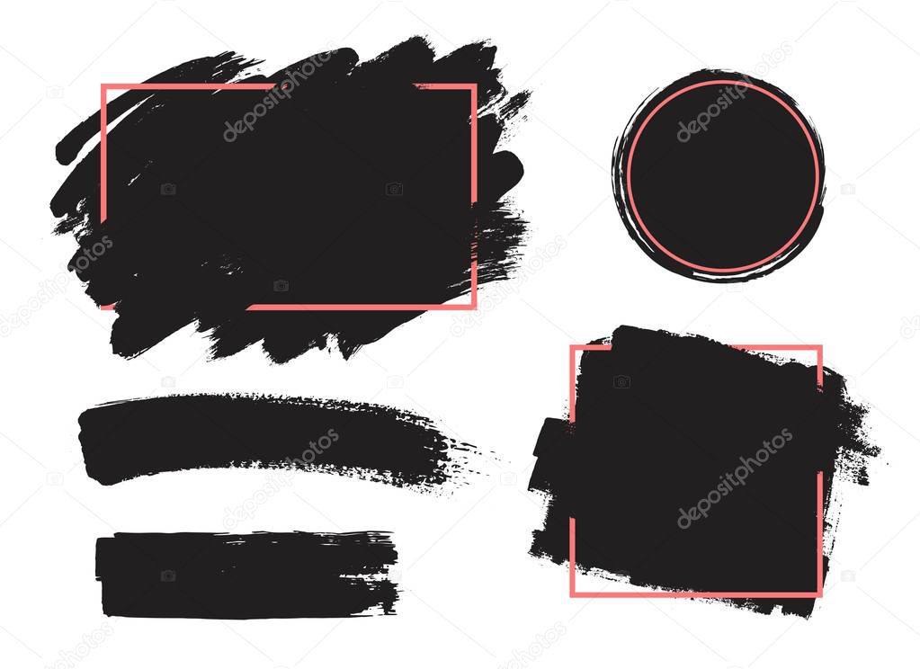 Set of black paint, ink brush strokes, brushes, lines. Dirty artistic design elements, boxes, frames for text.