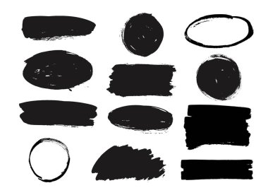 Set of black paint, ink brush strokes, circles, ovals. Dirty artistic design elements, boxes, frames, backgrounds. clipart