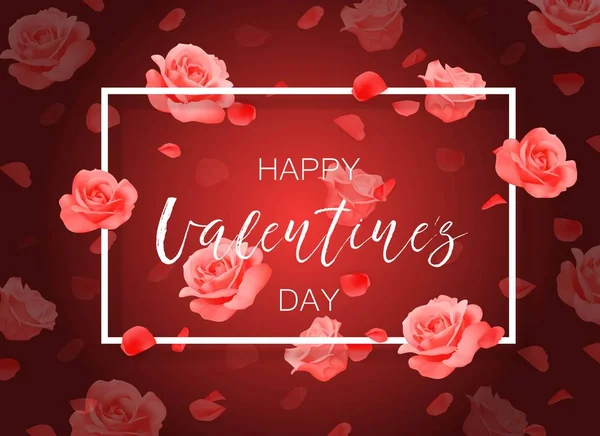 Vector Feliz día de San Valentín fondo con marco, rosas y pétalos . — Archivo Imágenes Vectoriales