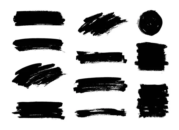 Satz schwarze Farbe, Pinselstriche, Pinsel, Linien. schmutzige künstlerische Gestaltungselemente, Schachteln, Rahmen, Hintergründe. — Stockvektor