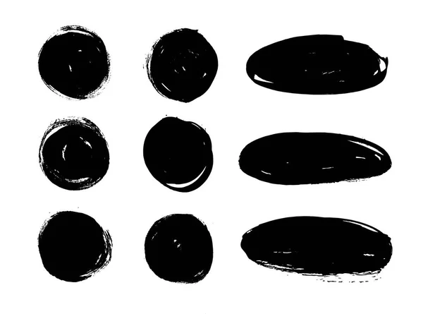 Набор черной краски, чернильные мазки, круги, овалы. Грязный художественный дизайн элементов, коробки, рамки, фоны . — стоковый вектор