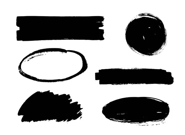 Набор черной краски, чернильные мазки, круги, овалы. Грязный художественный дизайн элементов, коробки, рамки, фоны . — стоковый вектор