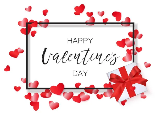 Vektor glücklich Valentinstag Hintergrund mit einem Geschenk und Herz Konfetti. — Stockvektor