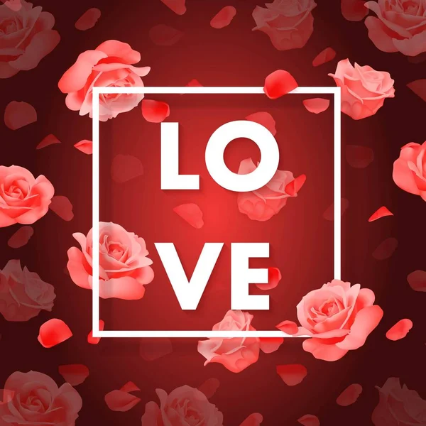 Vektorový pozadí lásky s rámem, růže a lístky na červeném pozadí. — Stockový vektor