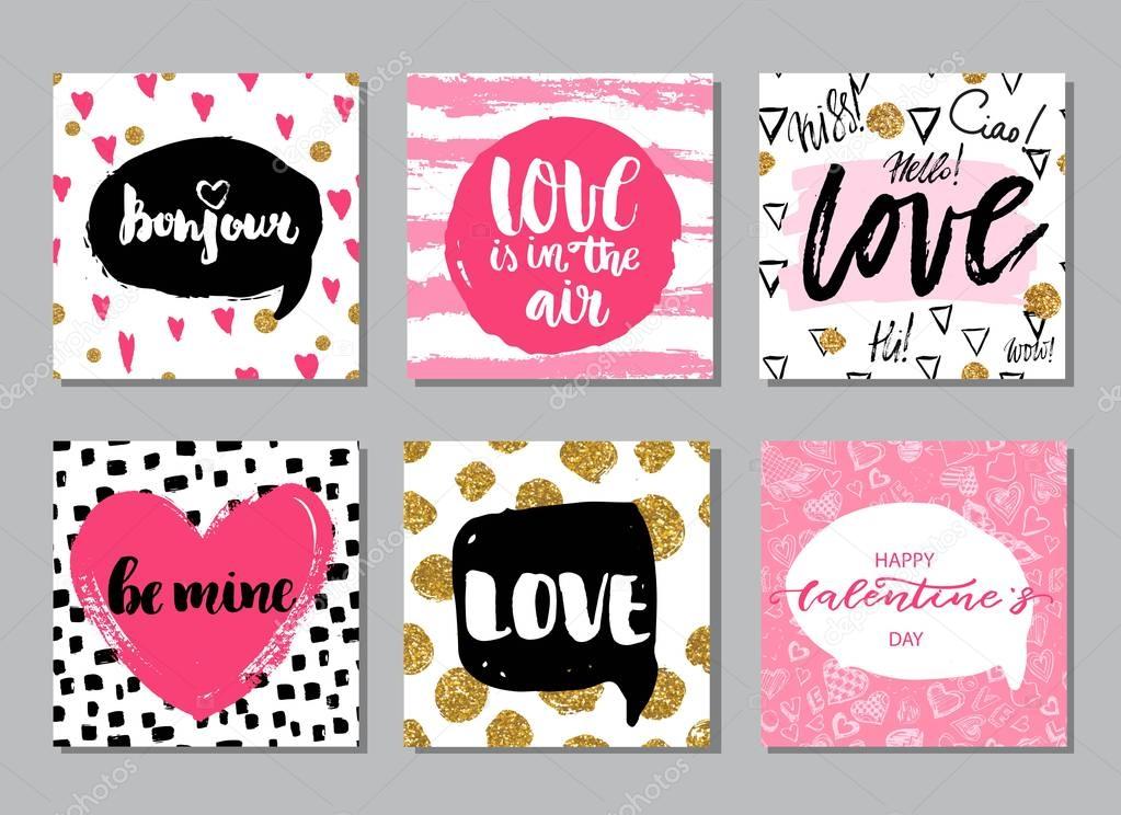 Set of hand drawn romantic and love cards. Valentines day backgrounds.