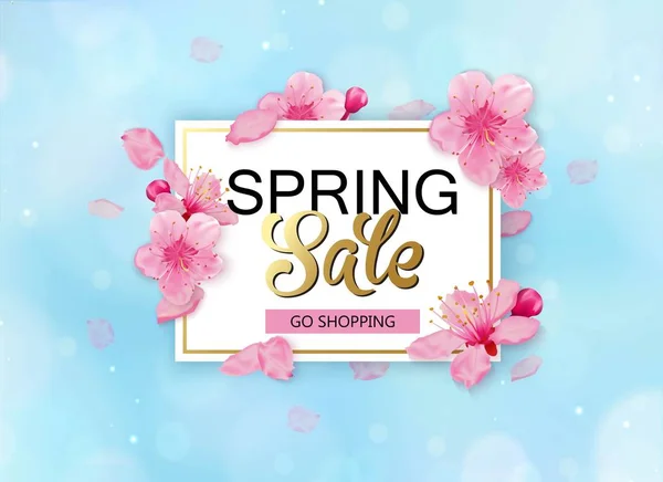 Spring sale background with flowers. Season discount banner design with cherry blossoms and petals. — Stock Vector