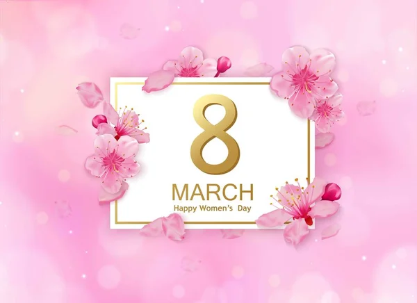 8 marzo design di sfondo moderno con fiori. Felice giorno delle donne elegante biglietto di auguri con fiori di ciliegio e petali . — Vettoriale Stock