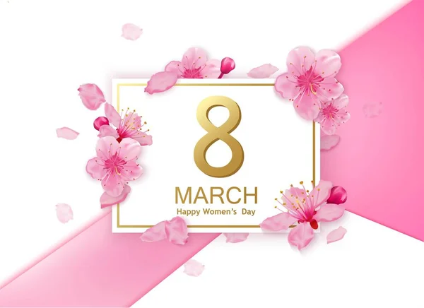 8 marzo moderno diseño de fondo con flores. Feliz día de las mujeres con estilo tarjeta de felicitación con flores de cerezo y pétalos . — Vector de stock