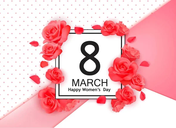 8 มีนาคมการออกแบบพื้นหลังที่ทันสมัยด้วยดอกไม้ สุขสันต์วันผู้หญิงการ์ดอวยพรสไตล์กับดอกกุหลาบสีแดงและกลีบ . — ภาพเวกเตอร์สต็อก