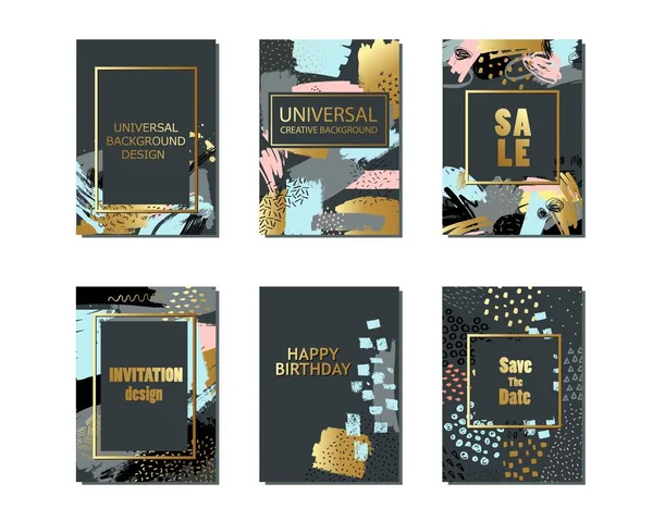 Ensemble de cartes universelles et fond avec des textures dessinées à la main. Pour bannière, affiche, invitation, brochure, dépliant . — Image vectorielle