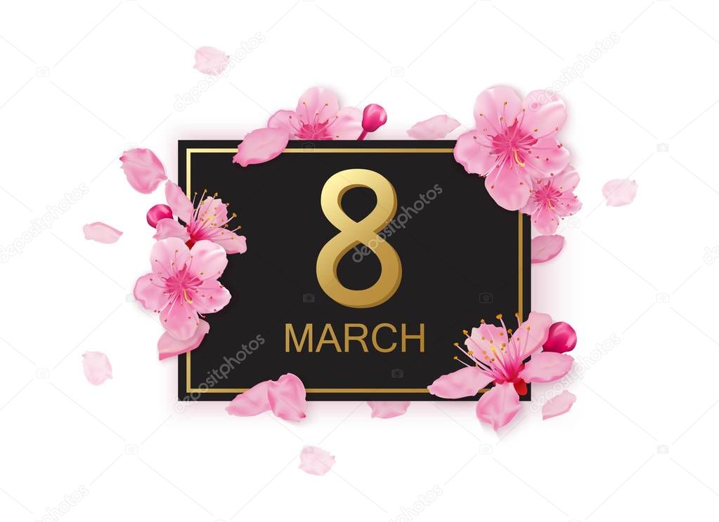 8 march modern background design with flowers. Happy womens day stylish greeting card with cherry blossoms and petals.