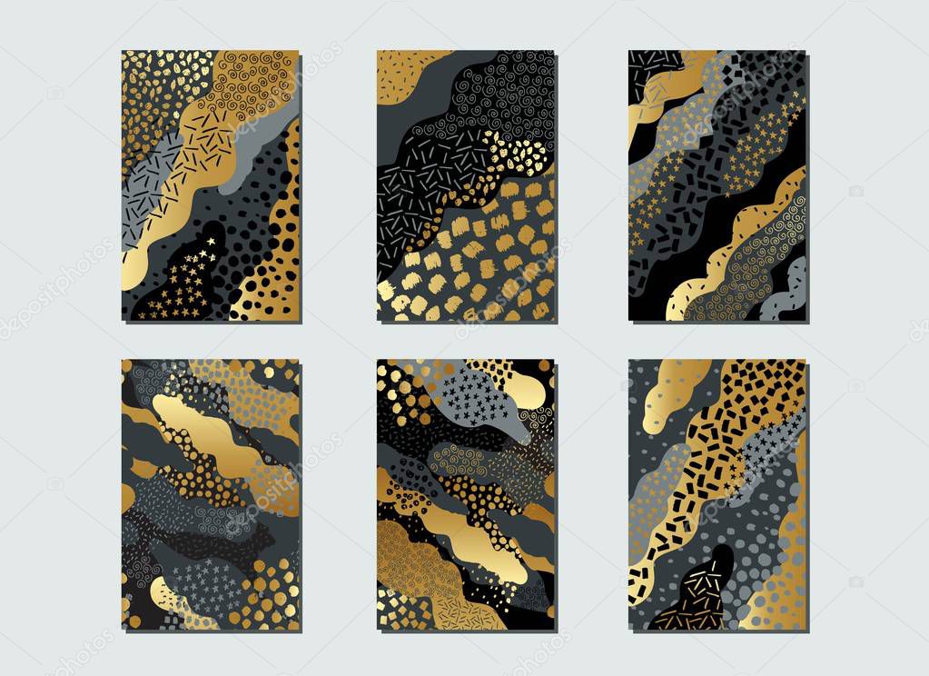 Set of creative universal cards and background with hand drawn textures. Use them for banner, poster, card, invitation, placard, brochure, flyer. Vector art frame for text with gold and black.