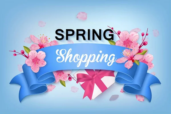 Spring sale colorful banner with sakura flower. — Stock Vector