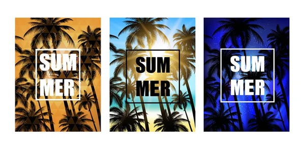 Set of summer tropical backgrounds with palms, sky and beach. Vector design for T -shirt. — Stock Vector