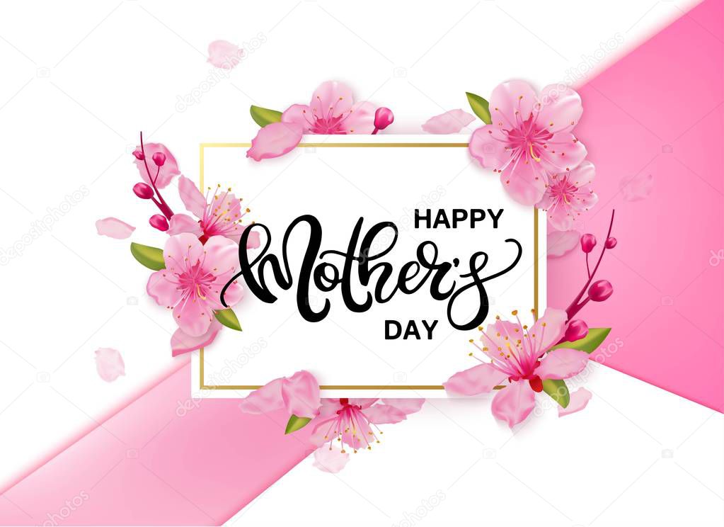 Happy Mothers Day vector banner with cherry blossoms flowers.