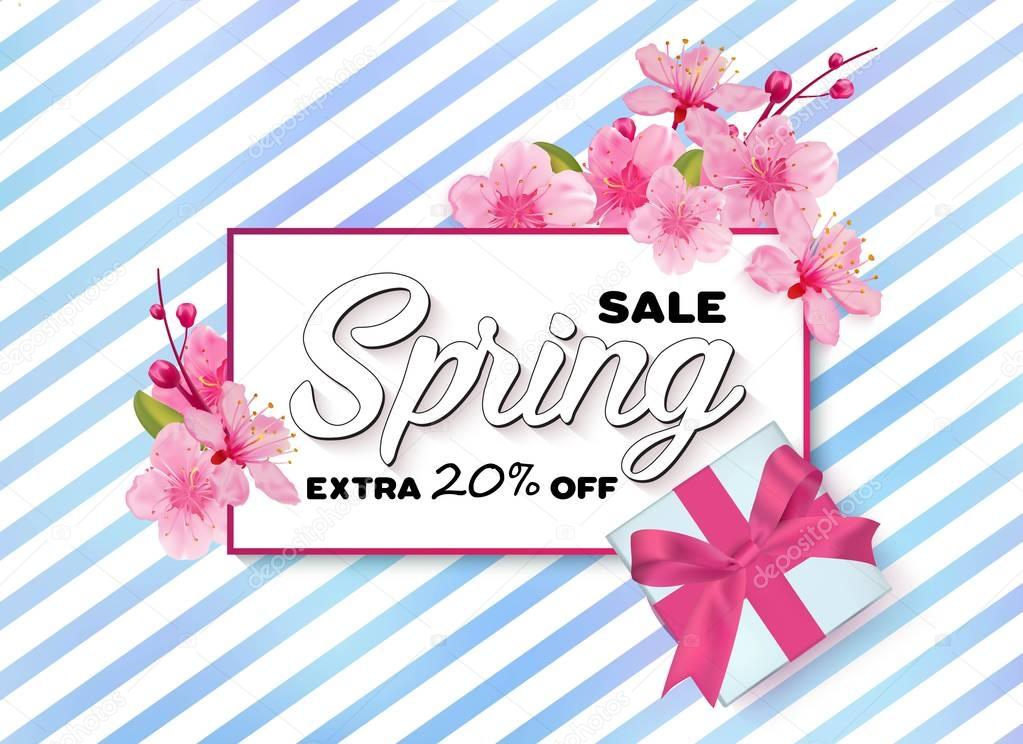 Spring sale colorful banner with sakura flower.