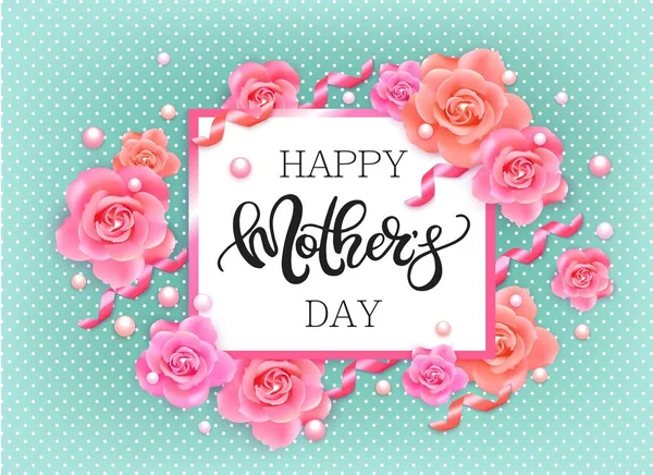 Happy mothers day banner with pink roses — Stock Vector