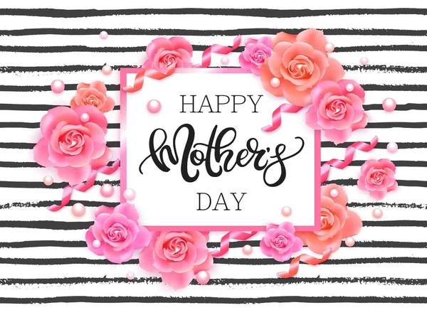 Happy mothers day banner with pink roses — Stock Vector