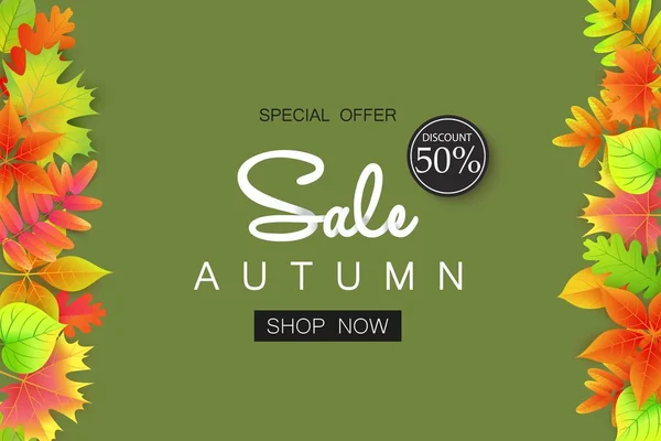 Bannière de vente d'automne avec feuilles pour faire du shopping . — Image vectorielle
