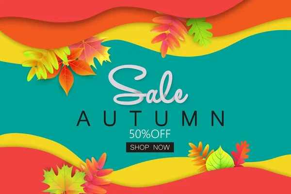 Bannière de vente d'automne avec feuilles pour faire du shopping . — Image vectorielle