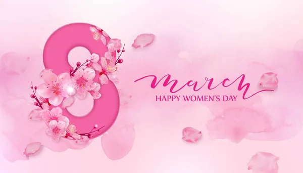Днем Женщин Открытка Цветами Вишни Розовом Фоне — стоковый вектор