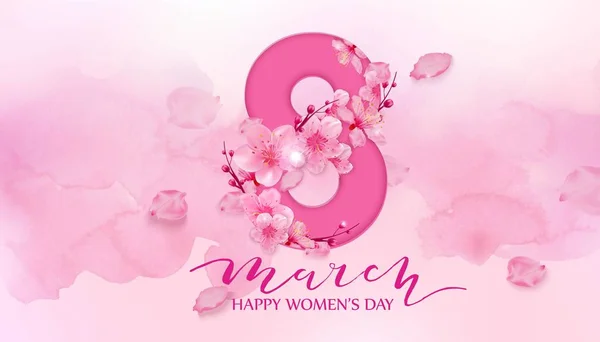 Gelukkig Womens Day Card Met Kersenbloesems Roze Achtergrond — Stockvector