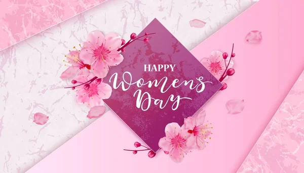 Carte Happy Womens Day Avec Des Fleurs Cerisier Sur Fond — Image vectorielle