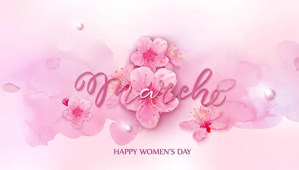 Gelukkig Womens Day Card Met Kersenbloesems Roze Achtergrond — Stockvector