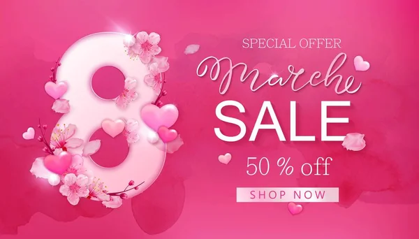 8 März Verkauf Hintergrund mit Blume, Herz — Stockvektor