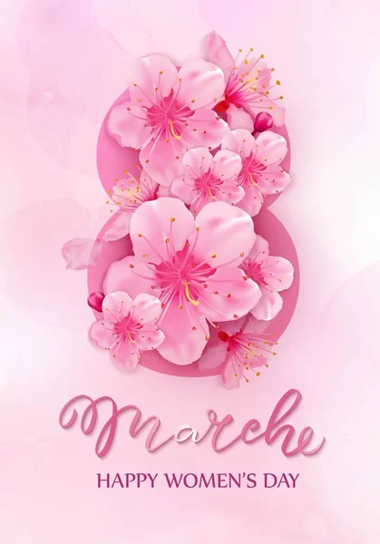 Счастливого женского дня. 8 марта векторная иллюстрация с цветением вишни — стоковый вектор