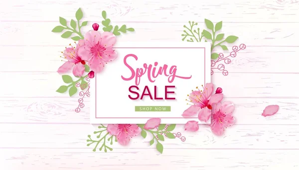 Spring Sale Vector Illustration. Banner With Cherry Blossoms. — Stock Vector