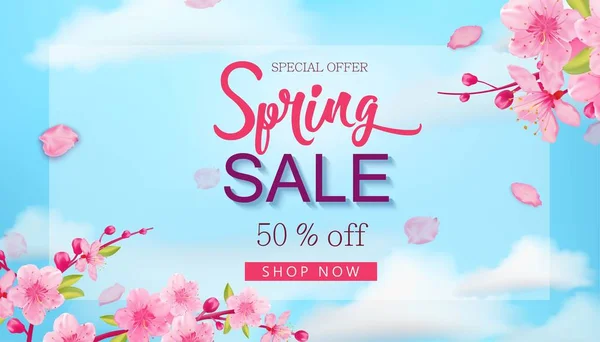 Banner de venta de primavera con flores, cielo azul, elementos de diseño floral dibujados a mano . — Vector de stock