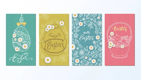 Bannière de Pâques heureuse, carte de vœux avec fleurs dessinées à la main, œufs . — Image vectorielle