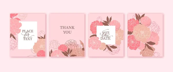 Hand darwn pink blush peonies. Botanical vector illustartion. Peony line art composition for card, invitation. Wedding romantic design — Stock Vector