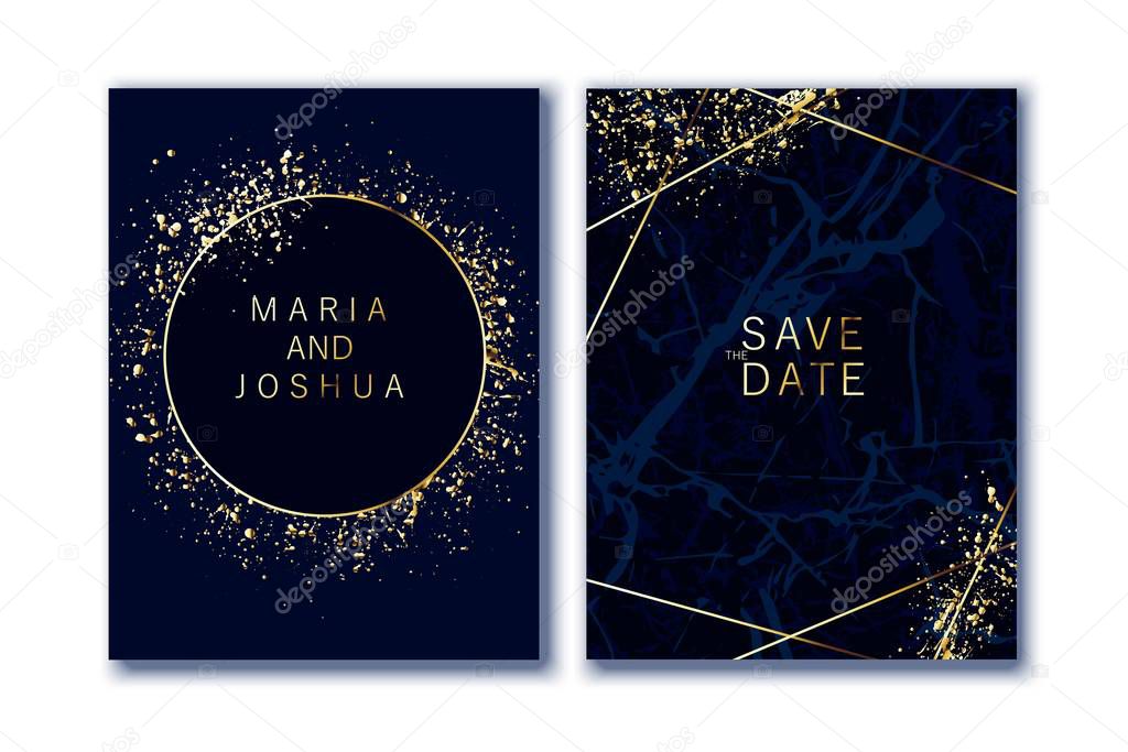 Luxury wedding invitation. Indigo marble background and golden splatters. Design for thank you card, birthday, business, personalised style.