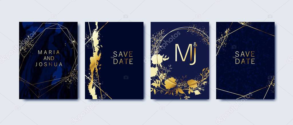 Luxury wedding invitation. Indigo marble background and golden splatters, hand drawn flowers. Design for thank you card, birthday, business, personalised style.