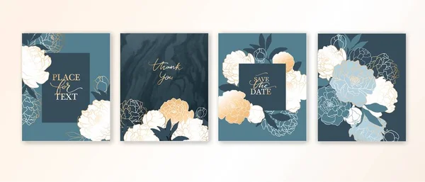 Elegante luxe kaart template met bloemen, pioenen en marmeren textuur. — Stockvector