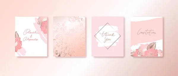 Plantilla de tarjeta de lujo elegante con flores, anémonas y textura de mármol de oro rosa . — Vector de stock