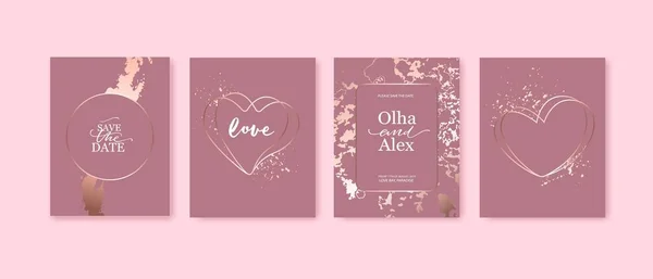 Ροζ κάρτες με ροζ μαρμάρινη υφή και κορνίζες σε σχήμα καρδιάς με πιτσιλιές. Ημέρα του Αγίου Βαλεντίνου. — Διανυσματικό Αρχείο